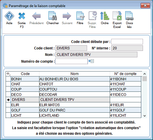 paramétrage comptes clients