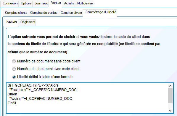 onglet ventes sous onglet paramétrage du libellé