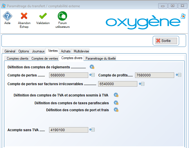 Onglet Ventes - Sous onglet Comptes Divers