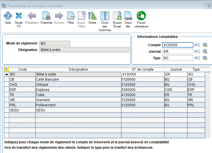 paramétrage comptes de règlement