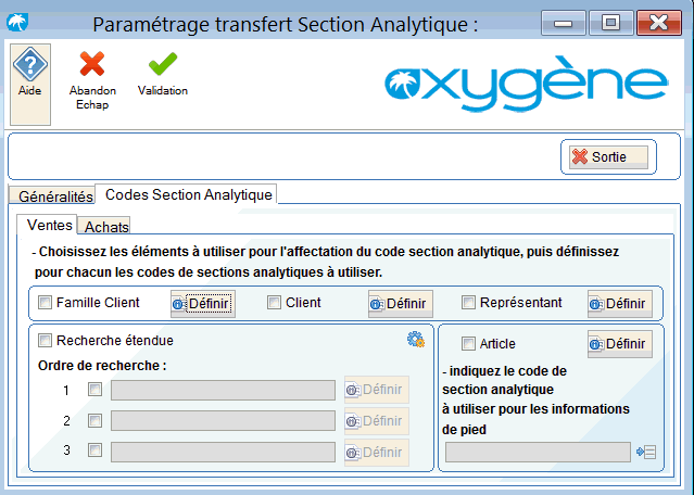 Onglet des codes analytiques