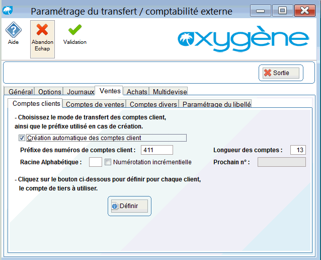 onglet vente sous onglet comptes clients