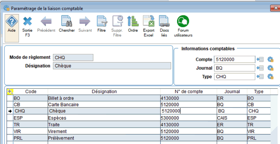 paramétrage comptes et journaux par mode de règlement