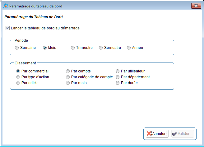 Fenêtre des paramètres du tableau de bord CRM